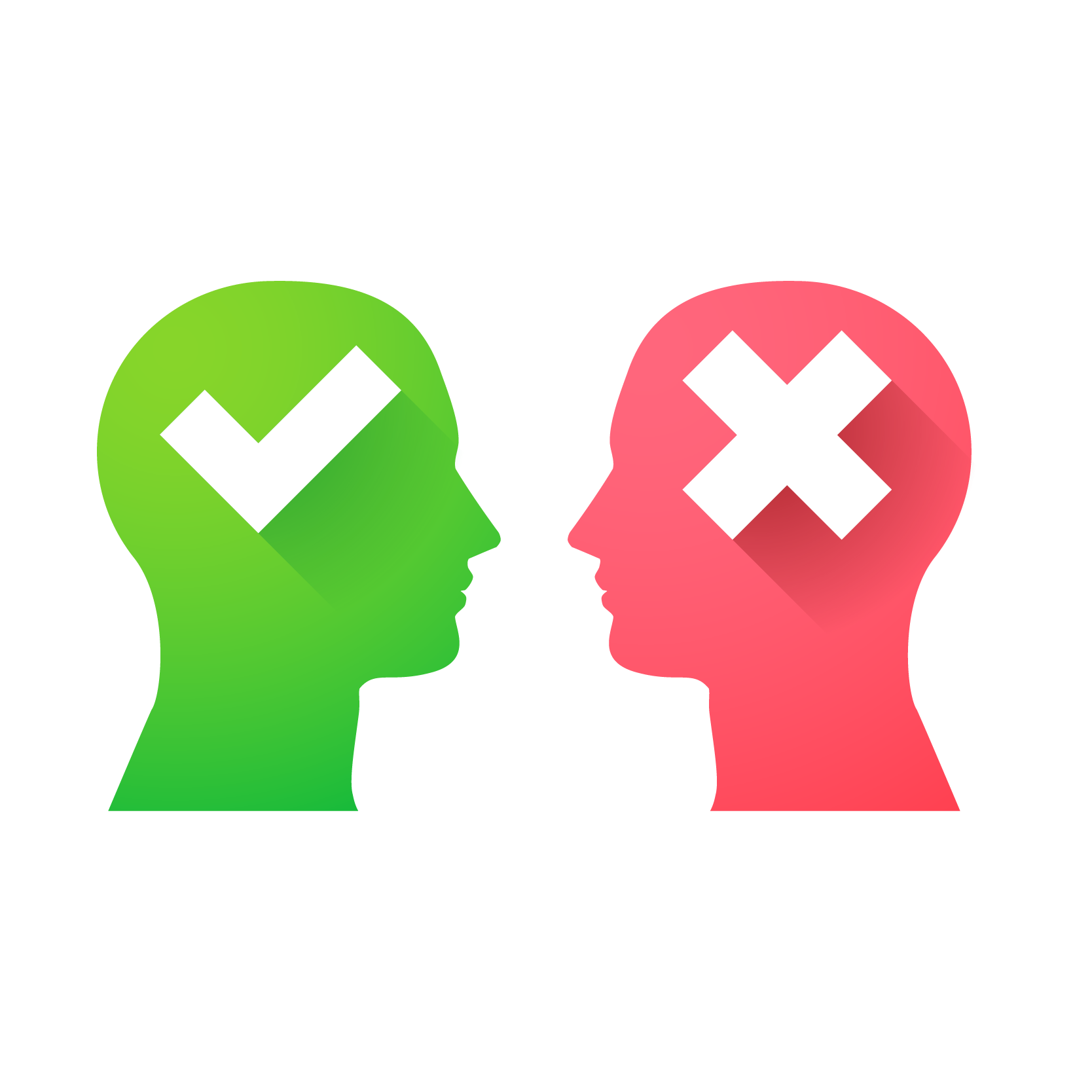 Illustration of two heads one is green with a checkmark and one is red with an x