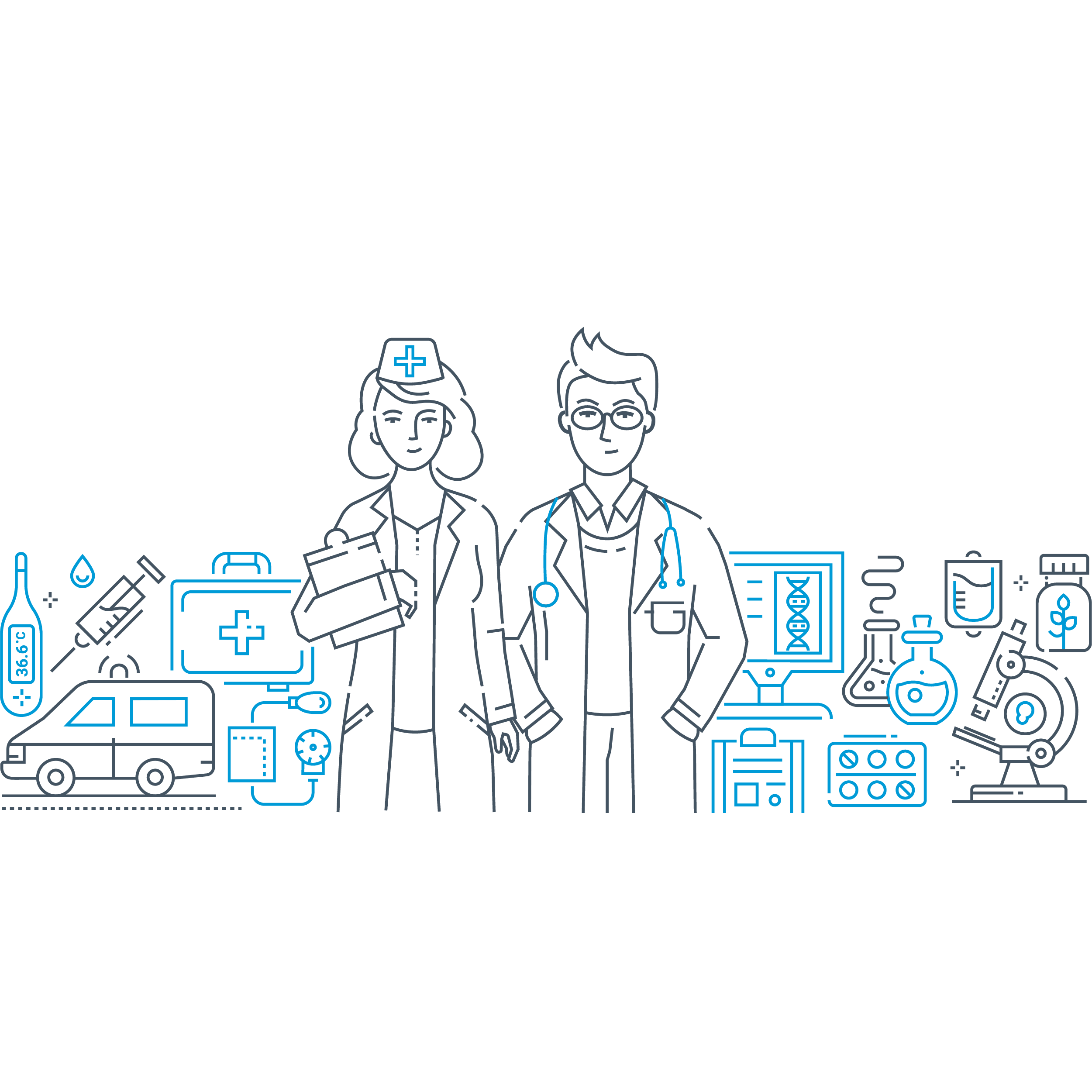 Illustration of two medical professionals surrounded by medical icons