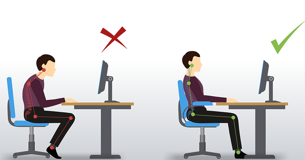 Illustration with poor workstation ergonomics compared to good workstation ergonomics