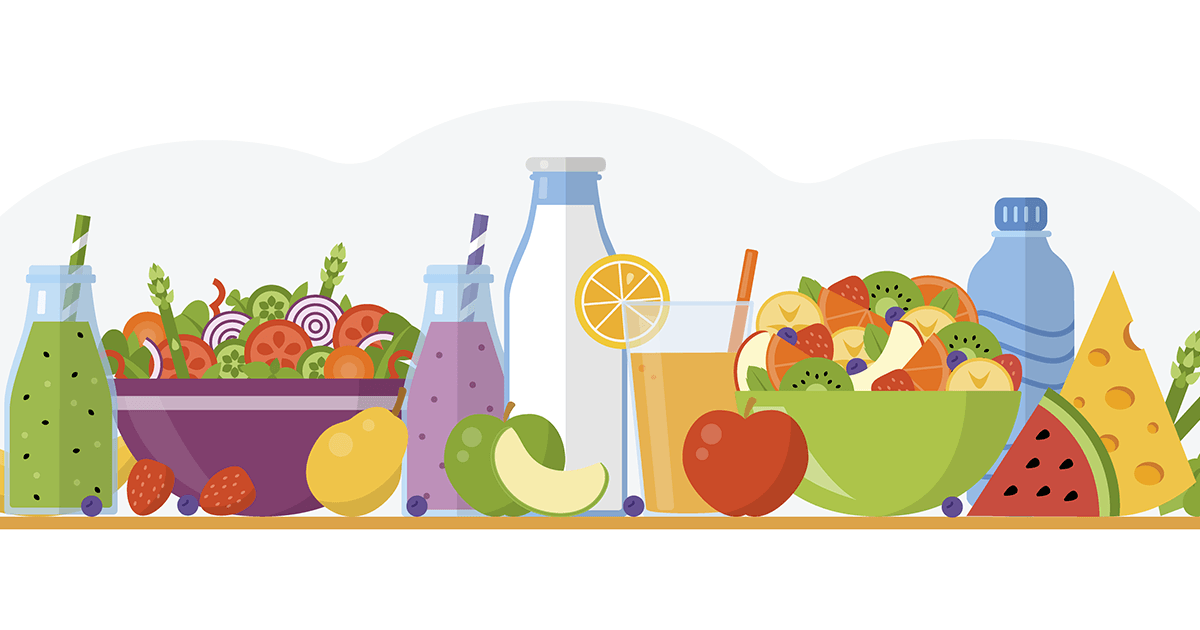 Illustration of bowl of salad, fruits, vegetables, juice and bottles of water