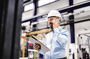 A portrait of an industrial man engineer with smartphone in a factory, working.