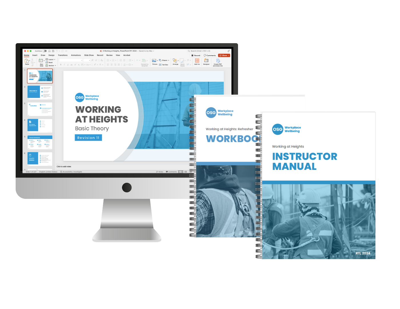 Computer screen displaying working at heights powepoint presentation accomanied by a spiral bound instructor manual and spiral bound workbook