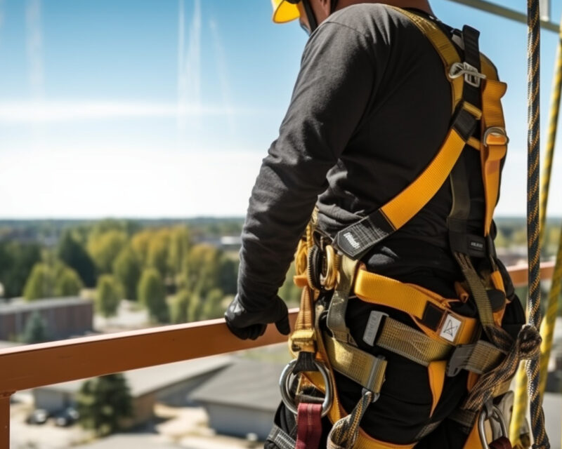 A construction worker wearing a safety harness while working at heights on a construction site