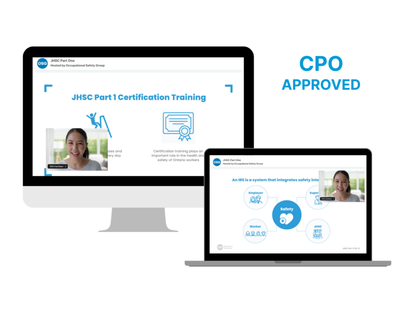 Illustrations of JHSC Part 1 facilitator-led training by OSG on a desktop and laptop screen